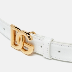 Pre Owned Dolce & Gabbana White Leather DG Logo Slim Belt 80CM