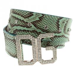 Pre Owned Dolce and Gabbana Green Snake Skin Crystal Embellished DG Buckle Belt 90cm
