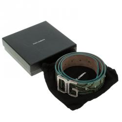 Pre Owned Dolce and Gabbana Green Snake Skin Crystal Embellished DG Buckle Belt 90cm