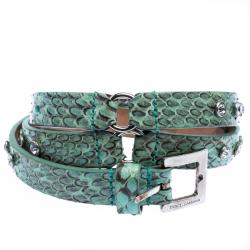 Pre Owned Dolce and Gabbana Green Snake Skin Crystal Embellished Skinny Belt 75cm