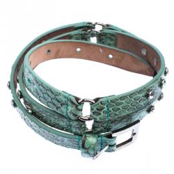 Pre Owned Dolce and Gabbana Green Snake Skin Crystal Embellished Skinny Belt 75cm