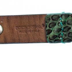 Pre Owned Dolce and Gabbana Green Snake Skin Crystal Embellished Skinny Belt 75cm
