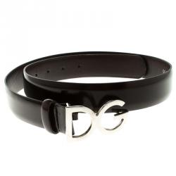مملوكة مسبقًا Dolce and Gabbana Dark Brown Glossy Leather DG Logo Buckle Belt 85cm
