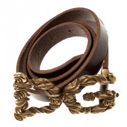 Pre Owned Dolce and Gabbana Brown Leather Baroque Logo Buckle Belt 105cm
