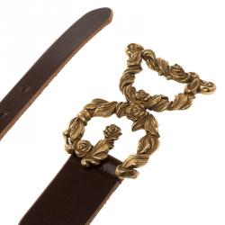 Pre Owned Dolce and Gabbana Brown Leather Baroque Logo Buckle Belt 105cm