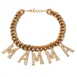 Pre Owned Dolce and Gabbana Faux Pearl Mamma Charm Gold Tone Necklace