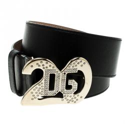 Pre Owned Dolce And Gabbana Black Leather Crystal Embellished Logo Buckle Belt 85cm
