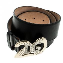 Pre Owned Dolce And Gabbana Black Leather Crystal Embellished Logo Buckle Belt 85cm