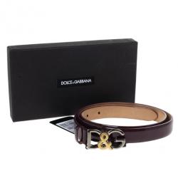 Pre Owned Dolce and Gabbana Burgundy Patent Logo Belt 90 CM