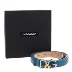 Pre Owned Dolce and Gabbana Blue Leather Logo Belt 85 CM
