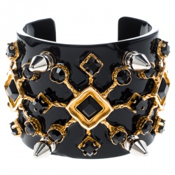 Pre Owned Dolce and Gabbana Black Crystal Embellished Spike Two Tone Open Cuff Bracelet