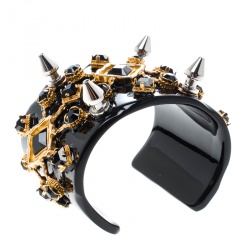 Pre Owned Dolce and Gabbana Black Crystal Embellished Spike Two Tone Open Cuff Bracelet