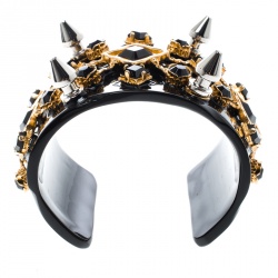 Pre Owned Dolce and Gabbana Black Crystal Embellished Spike Two Tone Open Cuff Bracelet