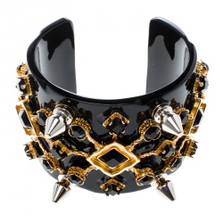 Pre Owned Dolce and Gabbana Black Crystal Embellished Spike Two Tone Open Cuff Bracelet