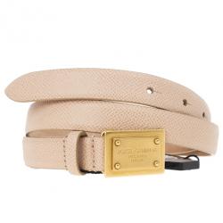 مملوكة مسبقًا Dolce and Gabbana Beige Leather Plaque Skinny Belt 75 CM