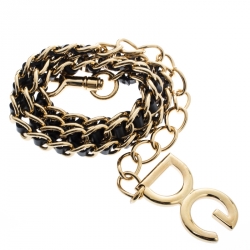 Pre Owned Dolce and Gabbana Black Interlaced Leather Gold Tone Chain Belt