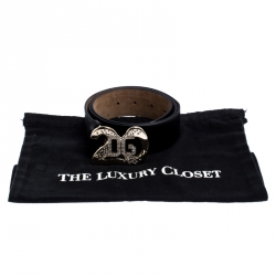 مملوكة مسبقًا Dolce And Gabbana Black Leather Crystal Embellished Logo Buckle Belt 90CM