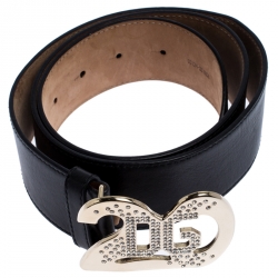 مملوكة مسبقًا Dolce And Gabbana Black Leather Crystal Embellished Logo Buckle Belt 90CM