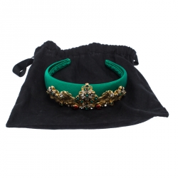 Pre Owned Dolce & Gabbana Green Silk Crystal Embellished Tiara Headband ( One Size )