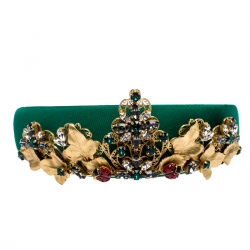 Pre Owned Dolce & Gabbana Green Silk Crystal Embellished Tiara Headband ( One Size )