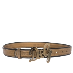 Pre Owned Dolce & Gabbana Metallic Gold/Black Leather D&G Logo Buckle Belt 90CM