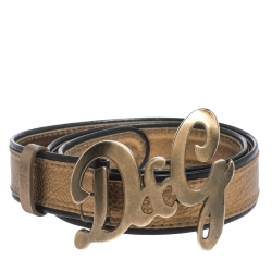Pre Owned Dolce & Gabbana Metallic Gold/Black Leather D&G Logo Buckle Belt 90CM