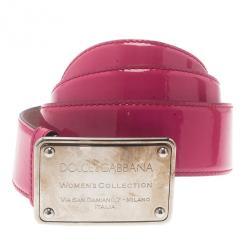 مملوكة مسبقًا Dolce and Gabbana Pink Patent Logo Plaque Belt 90CM