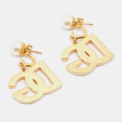 Pre Owned  Dolce & Gabbana. Gold Tone Logo Faux Pearl Drop Earrings
