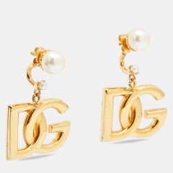 Pre Owned  Dolce & Gabbana. Gold Tone Logo Faux Pearl Drop Earrings