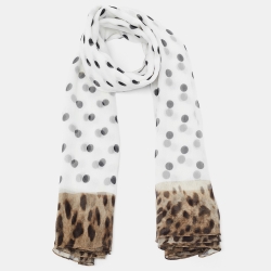 Pre Owned Dolce & Gabbana White Polka Dot Plisse Silk Scarf