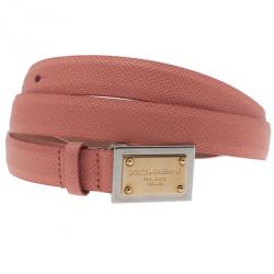 Pre Owned Dolce and Gabbana Pink Leather Plaque Skinny Belt 95CM