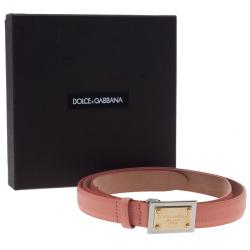 Pre Owned Dolce and Gabbana Pink Leather Plaque Skinny Belt 95CM