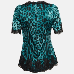 Pre Owned Dolce & Gabbana Blue Leopard Print Silk Lace Trimmed Blouse L