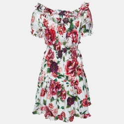 Pre Owned Dolce & Gabbana White Floral Print Cotton Ruffled Dress L