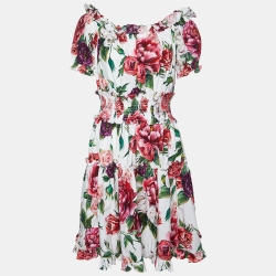 Pre Owned Dolce & Gabbana White Floral Print Cotton Ruffled Dress L
