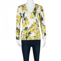 Pre Owned Dolce and Gabbana Cream Lemon Print Cashmere and Silk V Neck Sweater L