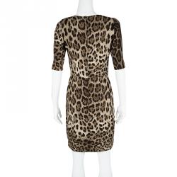Pre Owned Dolce and Gabbana Brown Leopard Print Short Sleeve Sheath Dress S