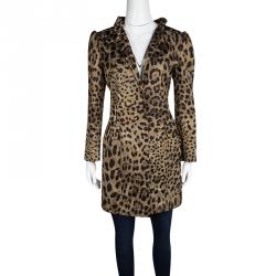 Pre Owned Dolce And Gabbana Brown Animal Print Ruffled Collar Coat M