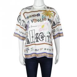 Pre Owned Dolce and Gabbana Multicolor Viva La Mamma Drawing Print Silk Blouse S