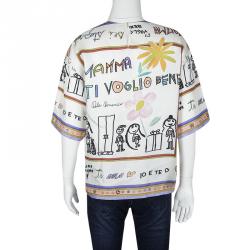 Pre Owned Dolce and Gabbana Multicolor Viva La Mamma Drawing Print Silk Blouse S