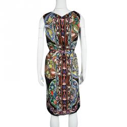 Pre Owned Dolce and Gabbana Black Printed Belted Sleeveless Dress L