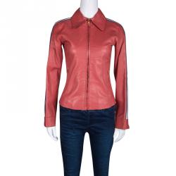 Pre Owned Dolce and Gabana Red Contrast Stripe Detail Zip Front Sheep Leather Jacket S