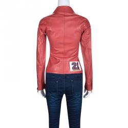 Pre Owned Dolce and Gabana Red Contrast Stripe Detail Zip Front Sheep Leather Jacket S