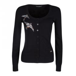 Pre Owned Dolce and Gabbana Black Wool Silk Embroidered Sequin Detail Cardigan M