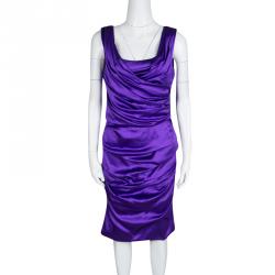 Pre Owned Dolce and Gabbana Puple Satin Ruched Sleeveless Dress L