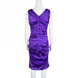 Pre Owned Dolce and Gabbana Puple Satin Ruched Sleeveless Dress L