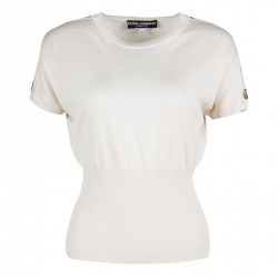 Pre Owned Dolce and Gabbana Beige Shoulder Button Detail Ribbed Hem Short Sleeve Sweater S