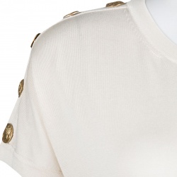 Pre Owned Dolce and Gabbana Beige Shoulder Button Detail Ribbed Hem Short Sleeve Sweater S