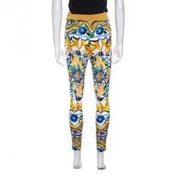 Pre Owned Dolce and Gabbana Majolica Printed Silk Elasticized Waist Skinny Pants S