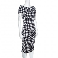 Pre Owned Dolce and Gabbana Monochrome Gingham Checked Ruched Bodycon Dress M